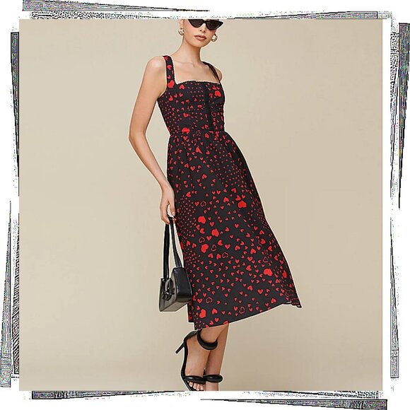 NWT: Black & Red Heart Print Fit & Flare Corset Detail Cotton Midi Dress (4) - Picture 5 of 7
